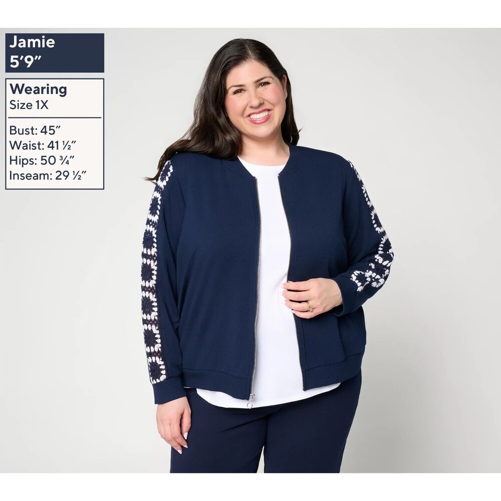 Susan Graver Weekend French Terry Zip-Front Jacket Crochet Detail Navy/White L - Picture 2 of 6